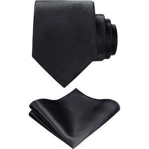 Solid Black Tie Satin Color Formal Necktie and Pocket Square Sets in Gift Box